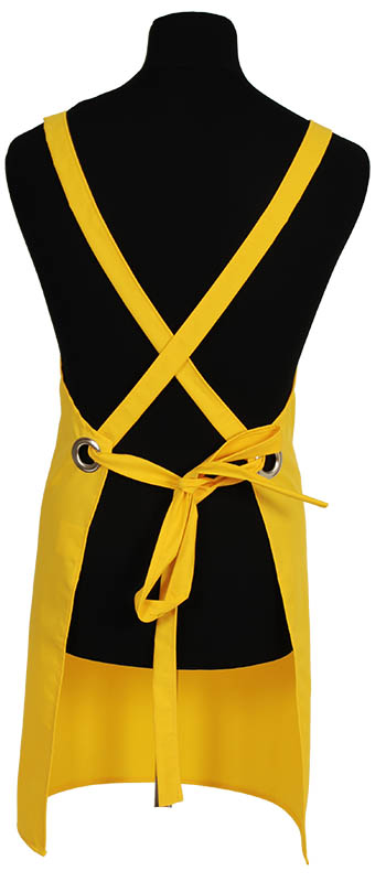 Halterschort met vaste kruisbanden en vierkante zak dubbel opgestikt.